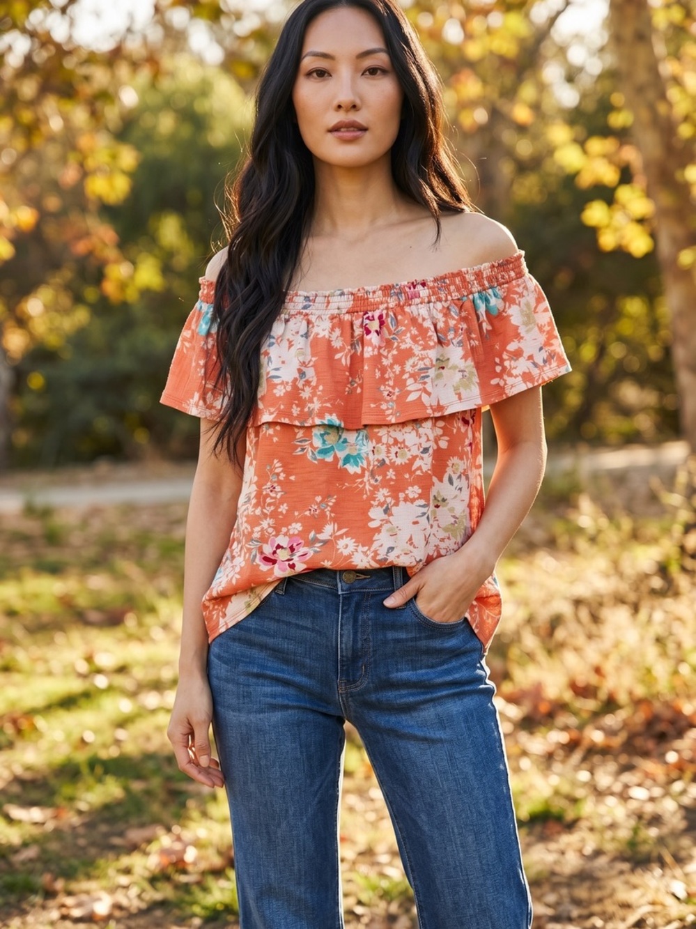 LC Lauren Conrad Coral Floral Off-Shoulder Ruffle Camisole